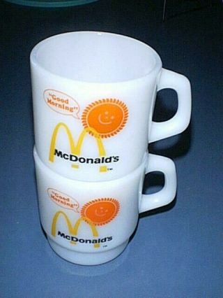McDonald ' s GOOD MORNING Smile Face Fire King White Milk Glass Coffee Cup Mugs 2