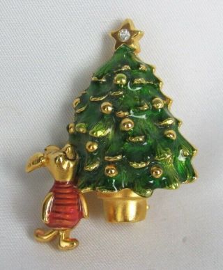 Vintage Disney Piglet & Christmas Tree Star Topper Enameled Holiday Pin Brooch