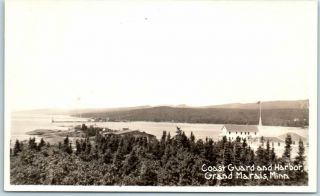 Grand Marais,  Minnesota Rppc Real Photo Postcard " Coast Guard & Harbor " C1930s