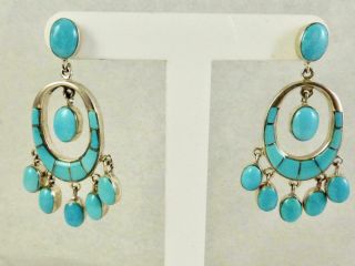 Vintage Sterling Silver Native American Indian Inlay Turquoise Dangles Earrings