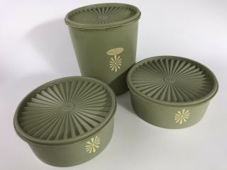 Vintage Tupperware Canister Set Of 3 Round Avocado Green Servalier Matching Lids