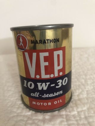 Vintage Marathon V.  E.  P.  Metal Motor Oil Can Bank Promo Gas Station Ohio Oil Co.