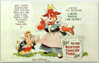1950s Damon Runyon Fund Advertising Postcard W/ Artist - Signed Walt Disney Art