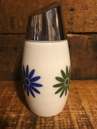 Vintage Gemco White Milk Glass Blue Green Daisy Sugar Dispenser Shaker Retro 2