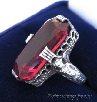 Vintage Art Deco Ruby Crystal Sterling Silver Filigree Angel Cupid Floral Ring