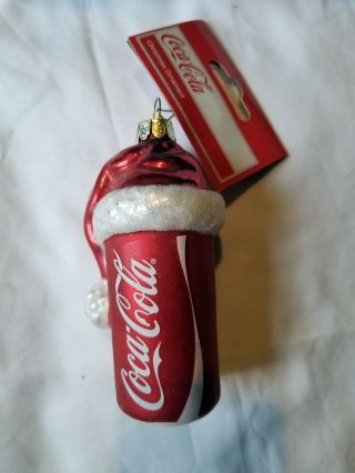Coca Cola Kurt Adler 4 1/2 Glass Can With Santa Hat Christmas Ornament