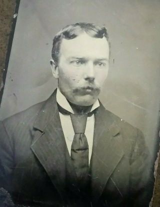 Antique Tintype Young Man With Mustache Nicely Dressed In Suit & Tie Later 1800s