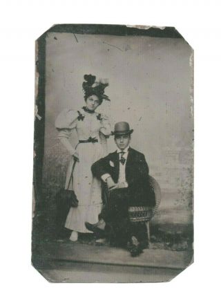Antique Tintype Photo - Young Couple Woman In Ornate Edwardian Hat
