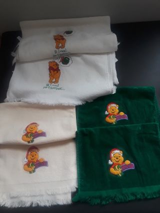 6 Disney Winnie The Pooh Christmas Towels Washcloths Hand Towels White Green Tan