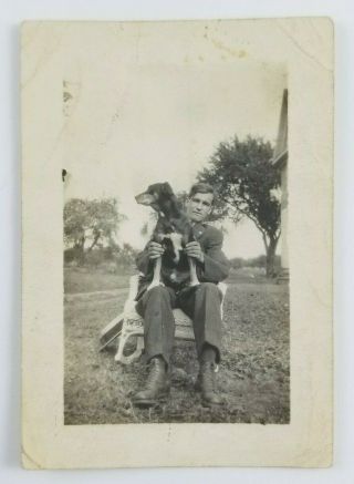 Vintage Photograph Man Sitting In Chair With Dog On His Lap Snapshot
