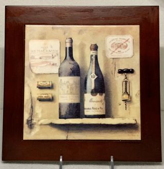 Ceramic Tile Trivet Wine Bottles,  Wall Plaque Picture,  Wood Framed,  Footed,  8”