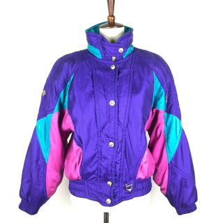 Vintage Descente Ski Jacket 8 Womens Nylon Purple Pink Teal Neon Color Block 80s