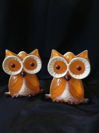 Retro 60’s Plastic Orange Owls Bookends Molded Plastic Orange Owl Bookend