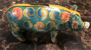 Vintage Wooden Hand Carved Crafted - Hand Painted Country Pig Piggy Coin Bank