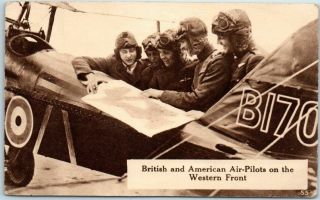 1910s World War I Wwi Postcard " British & American Air - Pilots On Western Front "