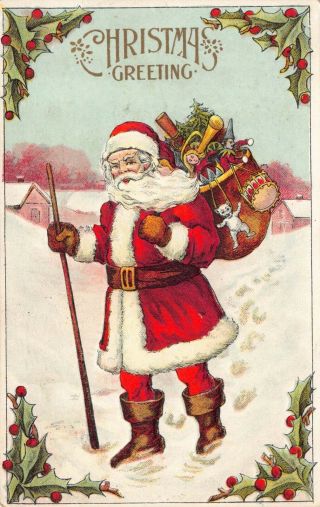 Christmas Postcard Santa Claus Sack Of Toys And Tree Walking Through Snow 124593