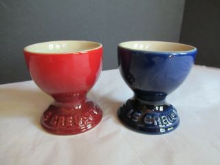 Set Le Creuset Egg Cups Footed Stoneware Red Blue -