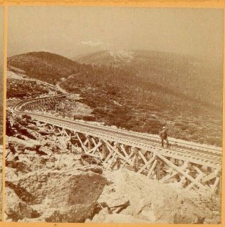 Man On Train Tracks,  Mt.  Washington Railway.  Kilburn Brothers Stereoview Photo