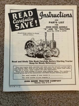 John Deere Model D And Di Tractor Parts List And Instructions Vintage 1952