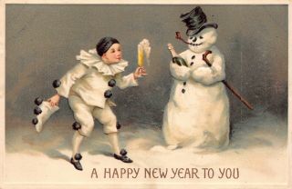Year Postcard Pierrot Clown Toasting Snowman Holding Champagne 124981
