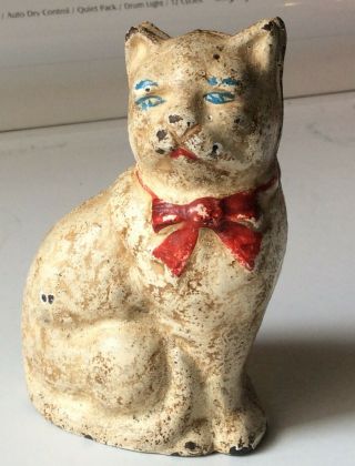 Antique Cast Iron Penny Bank Cat With Red Bow Vintage Hubley 4 "