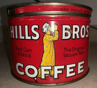 Vintage Hills Bros Coffee Tin Red Can Brand,  1 Lb With Lid
