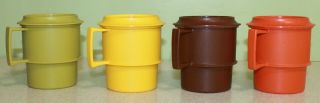 4 Vintage Tupperware Stackable Mugs/coffee Cups W/ Coaster Lids Harvest Colors
