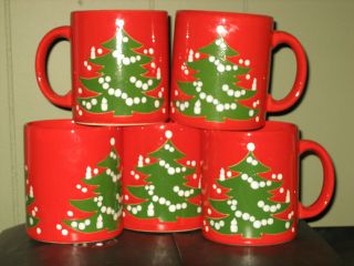 5 Waechtersbach W.  Germany Red Christmas Tree 12oz.  Coffee Mugs Tea Cup