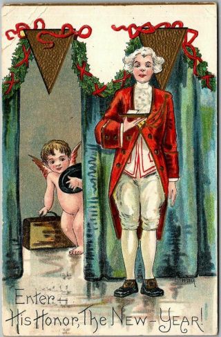 Vintage Artist - Signed H.  B.  Griggs Postcard " Enter His Honor,  The Year " 1914