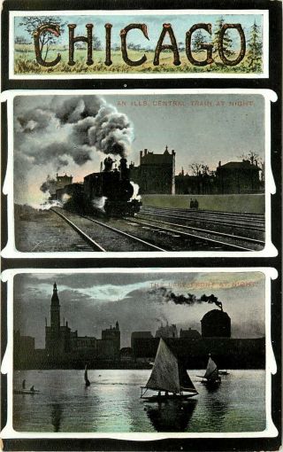 C1905 Postcar; Chicago,  Il Central Rr Train & Lake Front At Night,  Twig Letters