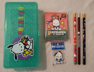 Vtg Sanrio Pochacco Green Plastic Pencil Case W/booklet,  Pencils,  And Eraser
