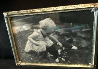 Vintage Picture Of A Little Girl In Older Frame With Cat