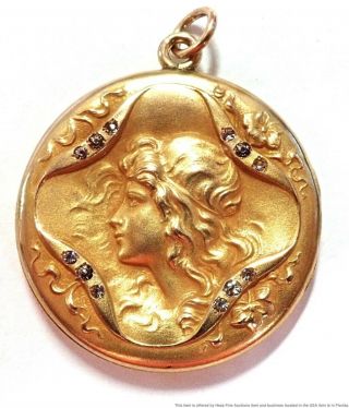Ladies Antique Art Nouveau Flowing Hair Maiden Large Gold Filled Locket Pendant