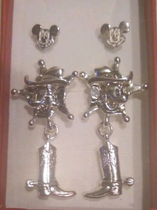 2 Pair Disney Vintage Sterling Mickey And Cowboy Mickey Napier Earrings