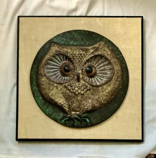 Vintage Mid - Century Modern TOM TRU / Raymour Framed Ceramic Owl Wall Hanging 2
