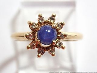 Vintage Syn Star Sapphire Diamond Halo Flower Ladies 14kt Gold Ring