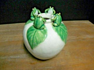 7 " Tall Vase Green Frogs Leaves Gray Base Crazed Pattern Marked Can 