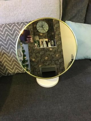 Vintage 1960s 1970s Large Round Pedestal Vanity Mirror Brass Adjustable Tilting
