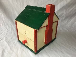 Vintage Folk Art Wooden House - Shaped Coin Bank Hand Made W Drawer,  Glass Window