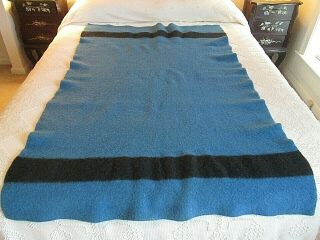 Vintage Orrlaskan 100 Pure Wool Blanket Blue W/ Black Stripes 46 X 68 " Usa