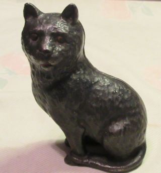 Vintage Black Cast Iron Cat Sitting Bank,  4.  3 " Tall,  Pennies & Dimes,  - Vg