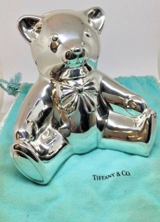 Large Tiffany & Co 925 Sterling Silver Teddy Bear Piggy Bank With Pouch