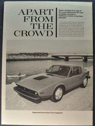 1974 Saab Sonett Iii Road Test Sales Brochure Folder 74
