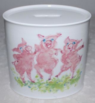 Tiffany & Co Porcelain Piggy Bank Pink Dancing Pigs Signed 2002 England