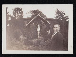 Antique Vintage Photograph Man Standing By Religious Statue