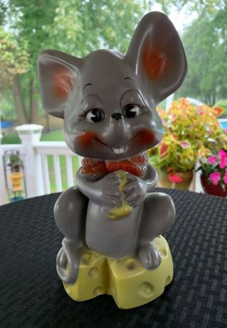 1973 Mouse On Cheese Coin Bank Piggy Bank Russ Berrie W/ Stopper 9.  5 " Sh