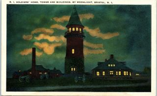 Postcard Ri Soldiers Home Tower And Buildings Night View Bristol Rhode Island