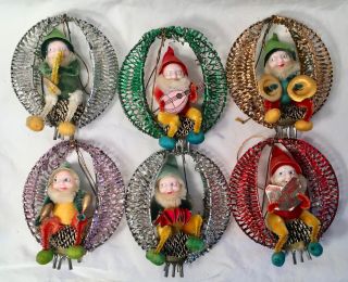 6 Vintage Pine Cone Elves Gnomes Foil Arch Chenille Christmas Ornament Japan Old