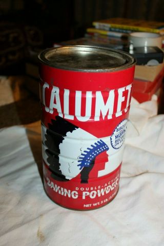 Vintage Large Calumet Baking Powder 5 Lb.  Tin Can Red Head Graphic