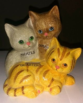 3 Pet Cat Kittens Ceramic Money Sorter Piggy Bank Quarter,  Nickels,  Dimes 5 " Tall